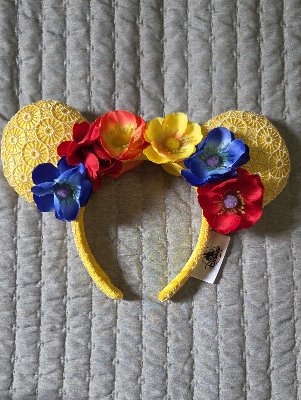 Disney Yellow Lace Mickey Ear Headband with Red, Blue and Yellow Flowers